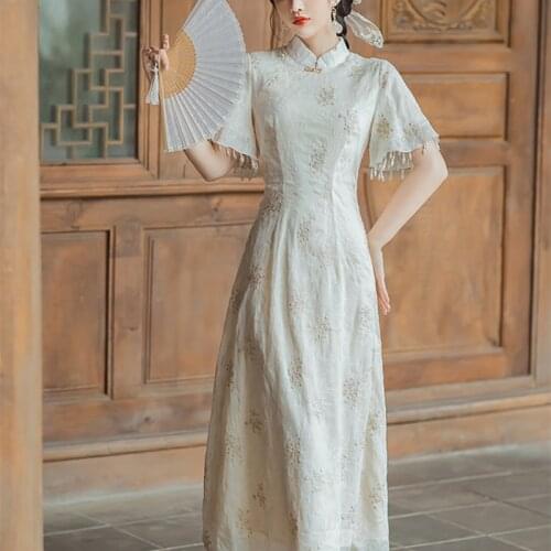 Women French Elegant Pearl Tassel Embroidered Dress Summer Fashion Chic Gentle Chiffon Noble Ladies Cheongsam