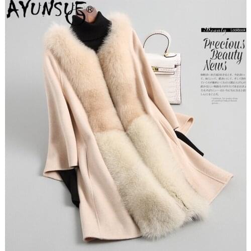 AYUNSUE Real Fox Fur Collar Wool Coat Female Jacket Winter Jacket Women Double Side Woolen Coats Korean Long Jackets MY4014