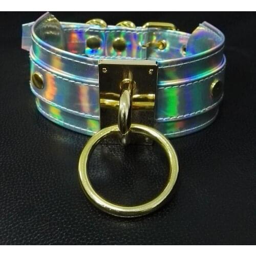 Hand Crafted Cosplay Oversized Laser Holographic Choker Golden Collar Fetish BDSM Collar Necklace
