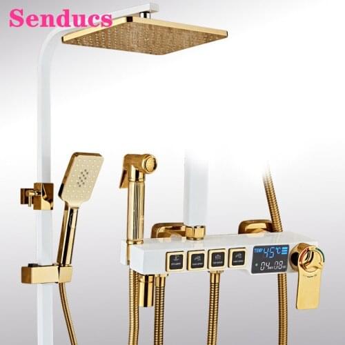 Digital Shower Set Senducs Newly Design Thermostatic Shower System Quality Copper Bathtub Faucet White Gold Digital Shower Set
