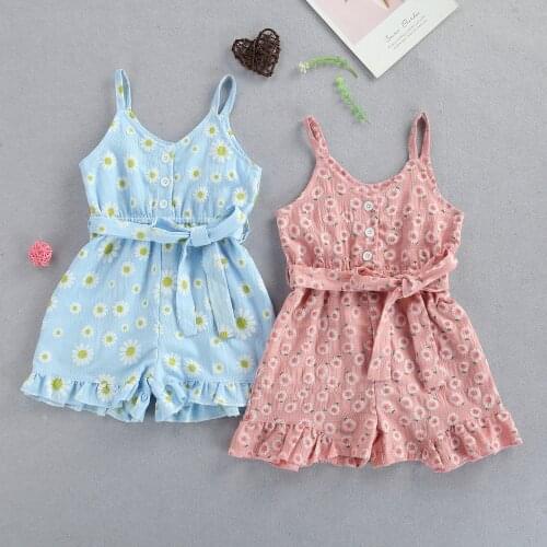 Kids Baby Girls Fashion Sleeveless Floral Breasted Tied Romper Jumpsuit Summer Stylish Leisure Ruffle Hem Romper Jumpsuit