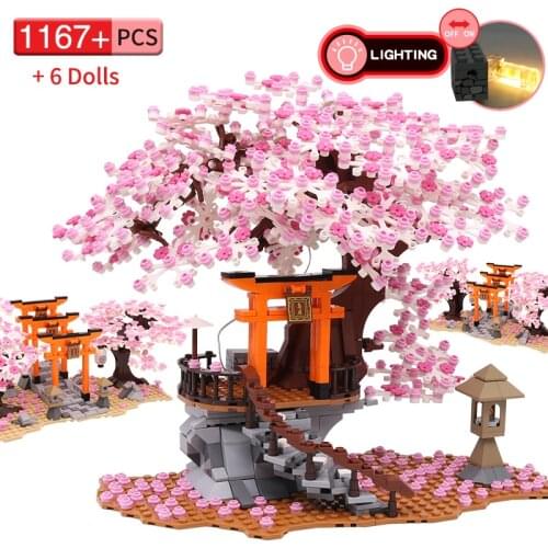 City Street View Idea Sakura Inari Shrine Bricks Friends Cherry Blossom DIY Creator House Tree Building Blocks Toys Kids Gift