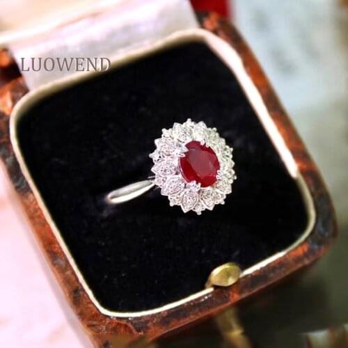 LUOWEND 100% Real 18K White Gold Ring Classic Gemstone Ruby Rings Eternity Natural Diamond Ring for Women Anniversary Wedding