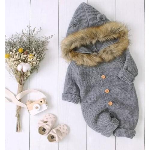 Newborn Baby Boys Girl Winter Long Sleeve Button Romper Knitted Hooded Jumpsuit Coat Outfit Clothes