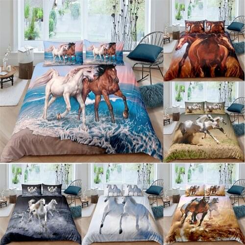 Duvet Cover Full King Queen Single Size Horse Pattern Bedding Set 3D Printed Home Use Decor Comforter White Cover Set no filling