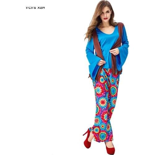 Unisex Floral Print Adult Halloween Hip hop Singer Costumes Women hippie Cosplay Carnival Purim parade Nightclub Bar party dress