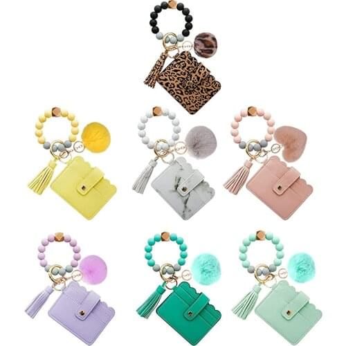 Fashion Cards Holder Wristlet Keychain Wallet W/ ID Windows, Portable Bangle Bracelet Keyring 3 Card Slots