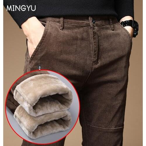 2021 New Winter Fleece Warm Corduroy Pants Men Business Fashion Slim Fit Stretch Thicken Gray Green Fluff Casual Trousers Male