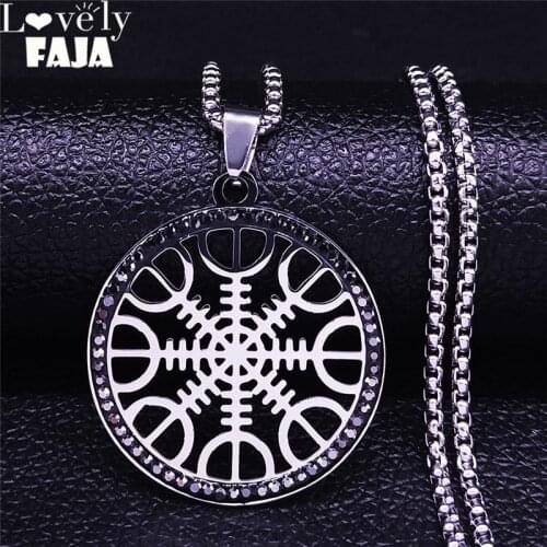 Classic Viking Vegvisir Compass Necklace Black Crystal Stainless Steel Nordic Runes Odin Necklace Celts Ethnic Jewelry N4832S03