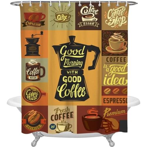 Coffee Poster Decals Black Bathroom Shower Curtain Polyester Fabric Waterproof Shower Curtains with Hooks