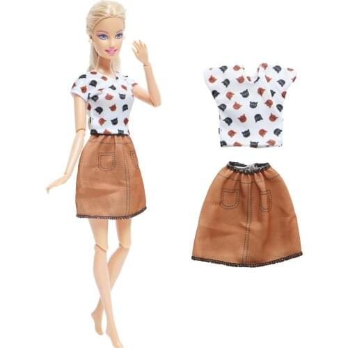1 Pcs Doll Dress Cute Cats Pattern White Shirt Brown Skirt Clothes for Barbie Doll for 1/6 Dolls Accessories Baby Girl DIY Toys