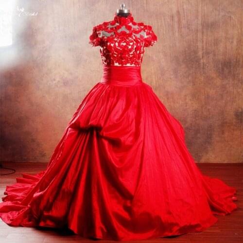 RSW960 Vintage Short Sleeve High Neckline Wedding Dresses Red Ball Gown