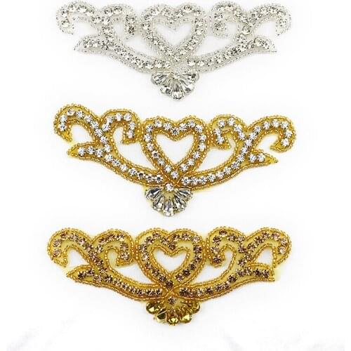 Handmade beaded crystal rhinestone applique silver gold iron on for wedding diy WRA-856