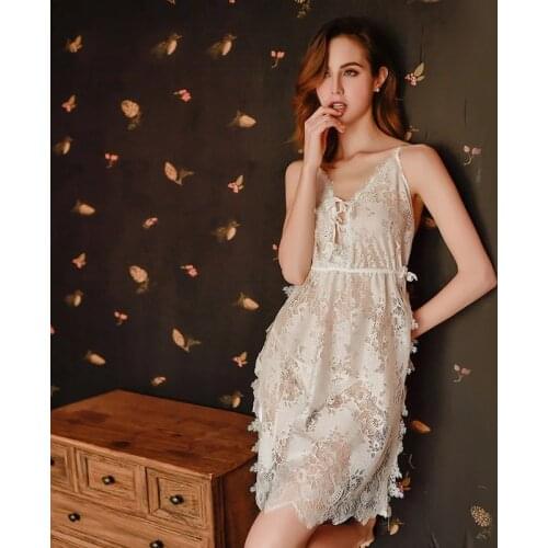 Sexy Women Lace Sleepdress Mini Deep V Plus Size Backless See Through Sleeveless Nightgown Summer Lingerie Sleepwear