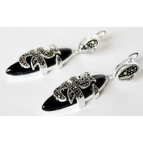 Free Shipping 11/2" New 925 Sterling Silver & Marcasite inlay Natural BlackNatural jade fashion Earrings