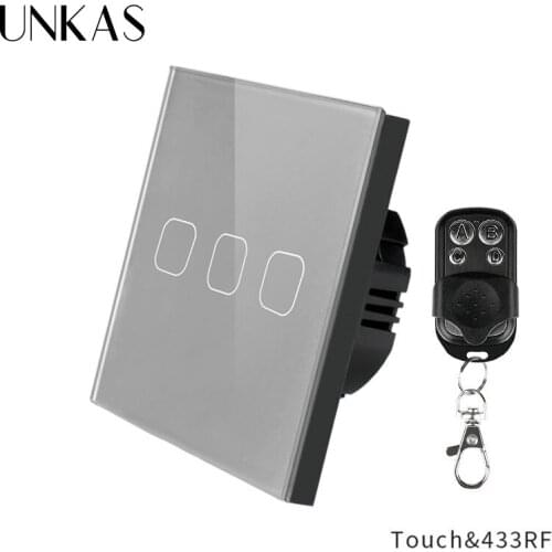 UNKAS 3 Gang 1 Way Crystal Glass Panel Wall Light EU Touch Gray Wireless AC 250V Remote Control Switch