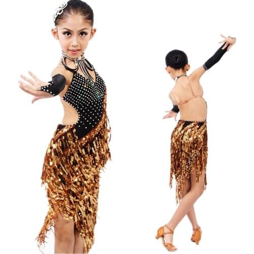 High-end Professional Child Stage Competition Latin Costume w/Shining Gold Sequins Tassels,Girls Salsa/Ballroom/Jazz Dance Dress