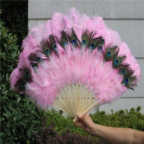 YOYUE 1pcs High Quality Ostrich Feather Fan Halloween Party Celebration Performance Crafts Props DIY Pink Peacock Feather Fan
