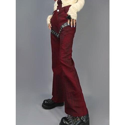 Original design punk goth dark long flare pants red wine black leather metal sequin patch dobby high waist women fashion capris