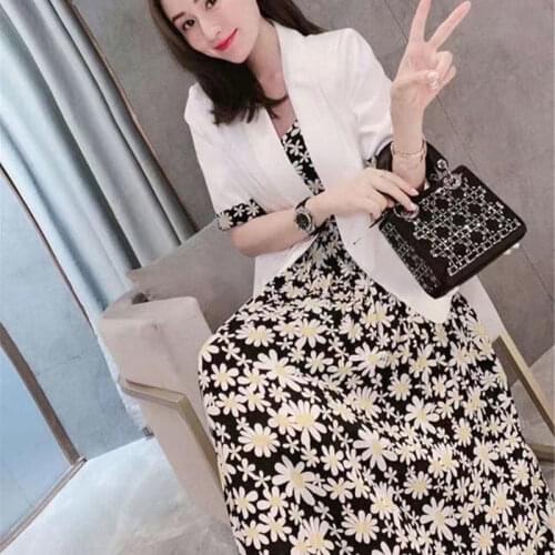Ladies Suits Summer Two Piece Set Women Dress Sets Blazer Casual Slim Elegant Short Sleeve Printing Long Dresses Suit Coat X351