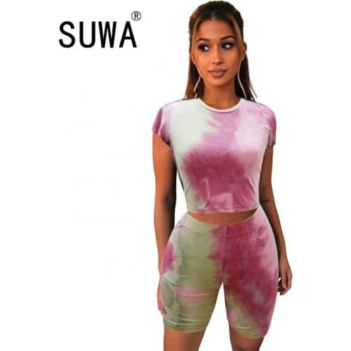 New product tie dye women two piece tracksuit lounge set short sleeve slim-fit crop top tunic + biker shorts stacked pants suit