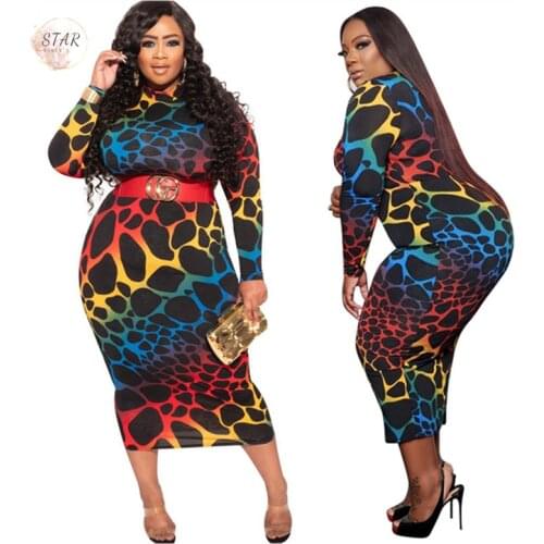 Plus Size 5XL Elegant Dress Women 2021 Leopard Patchwork Bodycon Maxi Dresses Long Sleeve Spring Clothes Wholesale Dropshipping