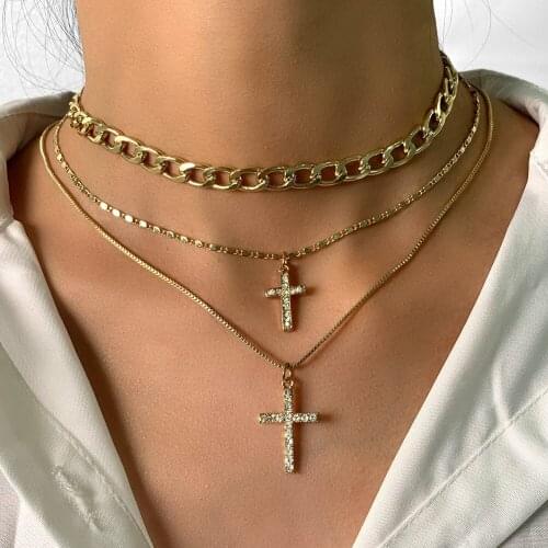 Boho Trendy Golden Rhinestone Cross Pendant Necklace For Women Hip Hop Multilayer Metal Chain Necklace Statement Jewelry Gift