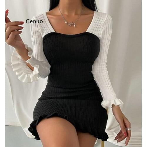 Fashion Women Spring Autumn Skinny Dress Hollow Out Design Bow Decor O-Neck Long Sleeve High Waist Slim Hip Pullovers Mini Dress