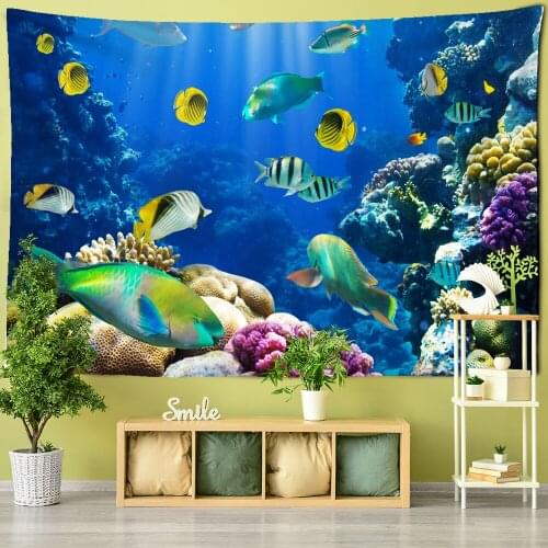 3D Digital Printing Tapestry Psychedelic Underwater World Beautiful Fish Tapestry Wall Hanging Marine Animal Coral Home Deco