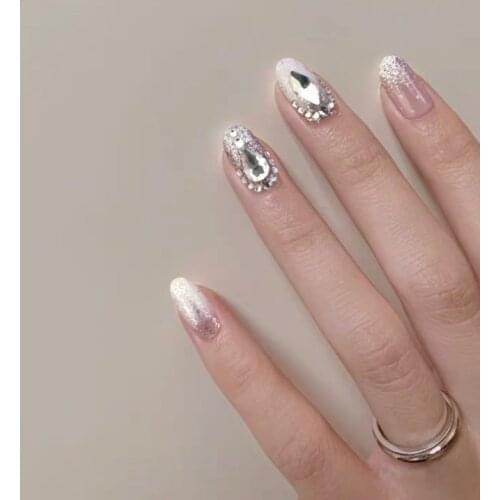 Shining sliver and gradual white pure color with diamond 3d decorated fake nails Japanese Ins Bride false nails full nail tips