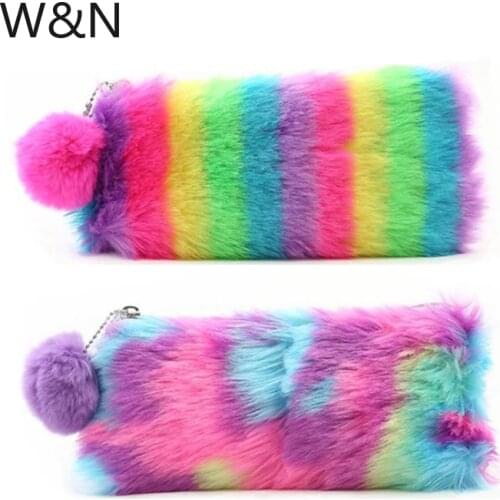 Rainbow Plush Ball Pencil Case For Girls School Pencil Cases Stationery Pencilcase Cute Big Pencil Bag Box School Supplies Tools