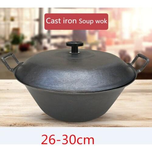 Cast Iron Pot flat Bottom Big Thick Cast Iron cooking Wok fry pan soup pot Uncoated Non stick Pot Wok Casserole Stew Pot