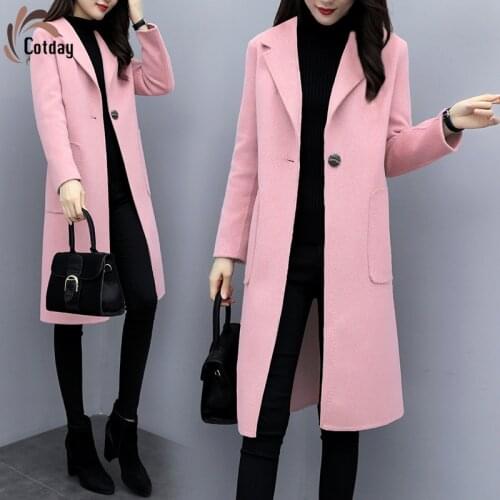 Cotday High Quality Woolen Coat Office Style Lady New Autumn And Winter Elegant Warm Slim Women Cashmere Woolen Blend Coat