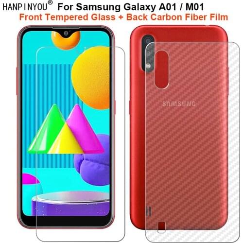 For Samsung Galaxy A01 M01 1 Set = Soft Back Carbon Fiber Film + Ultra Thin Clear Premium Tempered Glass Front Screen Protector