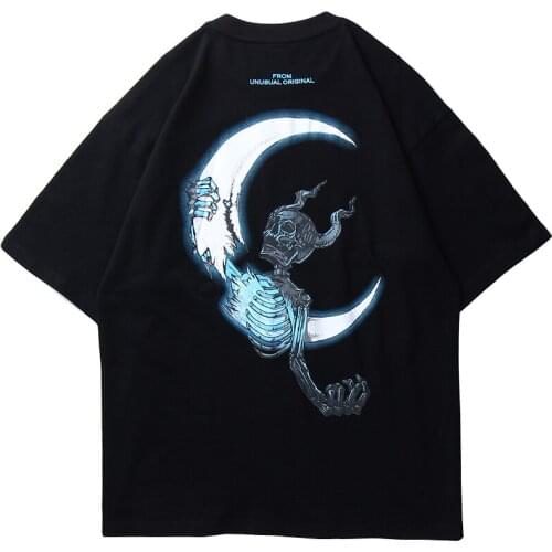 2021 Men Hip Hop T Shirt 100% Cotton Lightning Skull Moon Streetwear T-Shirt Oversize Loose Tshirts Summer Short Sleeve Top Tees