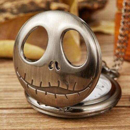 Nightmare before christmas Jack Pocket Watch Mens Womens Necklace Fob Chain Retro Bronze Hollow Skull Quartz Pocket Watch Gifts