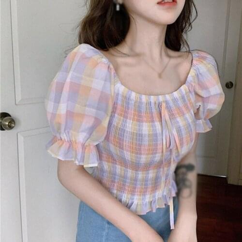 Summer Korean Style Cute Sweet Plaid Coton Blouse Womens Waist Short Sleeve Puff Sleeve Bow Shirt Casual Wild Slim Young Top