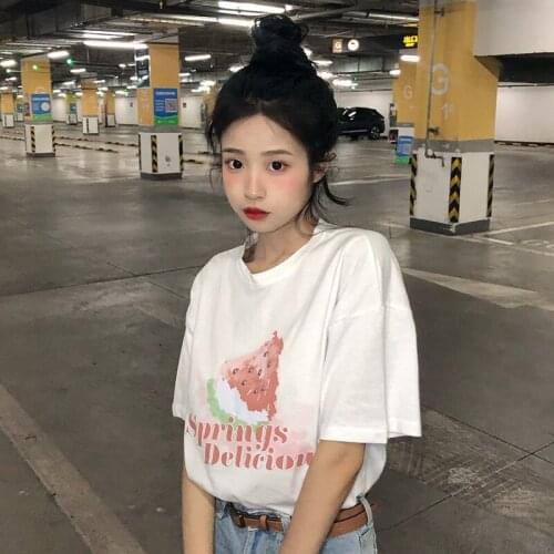 Summer Korean Short-sleeved Womens White Shirt New Design Loose Half-sleeved Printed T-shirt Trend