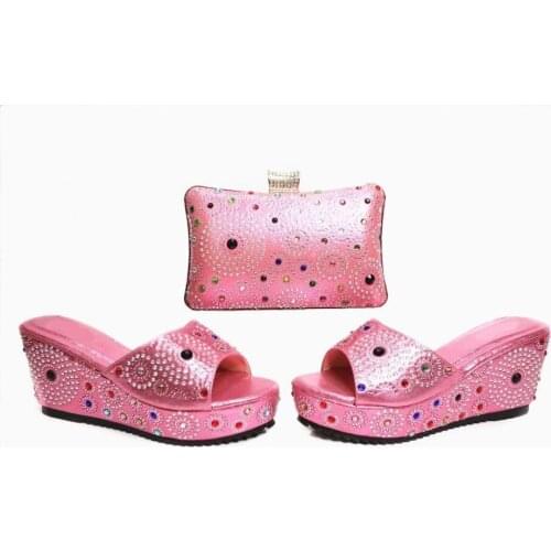 Top sale pink women platform shoes with crystal decoration african shoes match handbag set for dress X17,heel 7CM