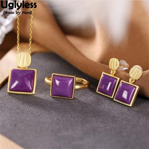 Uglyless Natural Soft Purple Mica Jewelry Sets for Women Simple Fashion Square Earrings Rings Necklaces Gold 925 Silver Bijoux