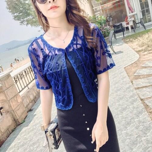 Summer Embroidery Mesh Crochet Lace Embellished Cape Short Sleeve V Collar Women Cardigan Short Femme Bolero Coat
