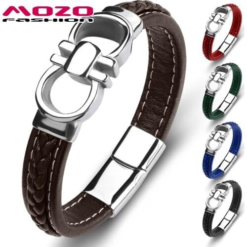 New Punk Men Bracelet Genuine Leather Stainless Steel Charm Women High Quality Bangles Brown