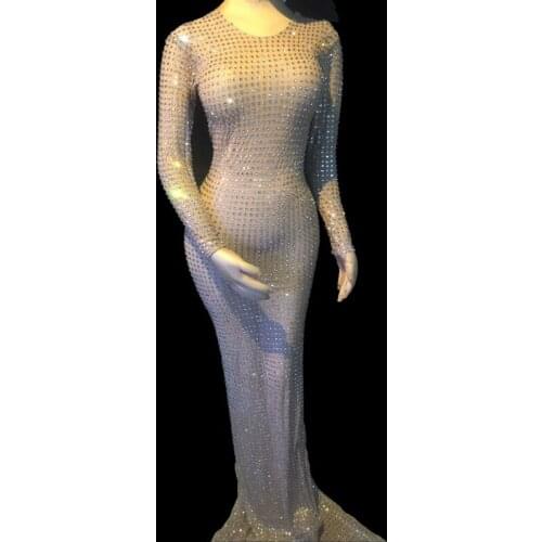 Womens Birthday Party Dress Bling Rhinestones Long Sleeve Dance Dress Silver Stones Dress Nightclub Singer Show Wear Clubwear