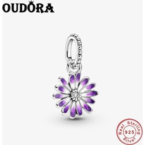 Fit Original Pandora Bracelet Charms 925 Sterling Silver Purple Daisy Dangle Charm Pendant Bead Jewelry Berloque Gift