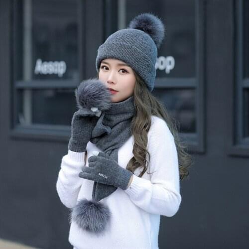 2020 new winter hat scarf gloves three sets, Girls touch screen wool hat hair ball Bib warm thickening set, Christmas gift