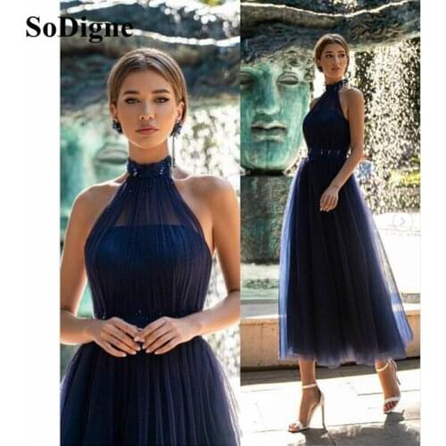 SoDigne Navy Blue Tulle Prom Dresses Tulle High Collar Neck Tiered Tea Length Wedding Guest Gown Formal Dress Party
