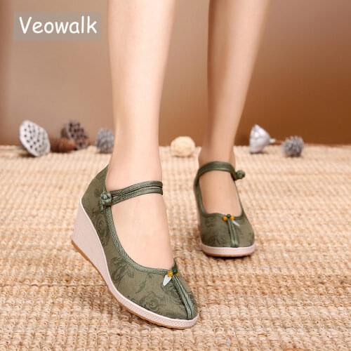 Veowalk Soft Jacquard Cotton Women Wedge Platforms Shoes Comfortable Ladies Casual Pumps Handmade Embroidered High Heels 7cm