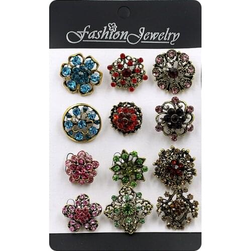 WEIMANJINGDIAN Set of 12 Pcs Antique Gold Color Crystal Rhinestones Bijoux Small and Cute Brooch Lapel Pins