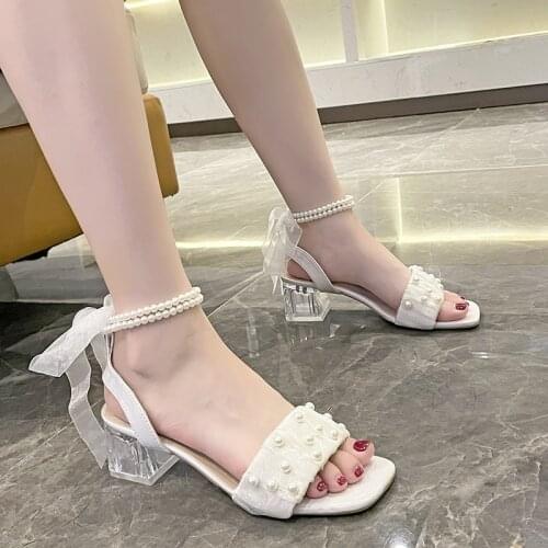 Roman Style Sweet Fashion Crystal Heel Pearl Temperament Ladies Sandals Summer New Open-Toed High Heels