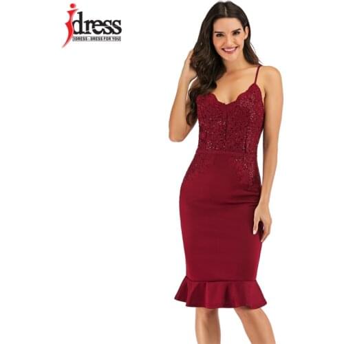 IDress Women Fashion 2020 Runway Summer Pink Black Red Ladies Dresses Sexi Women V-Neck Strap Ruffles Knee Length Party Dresses